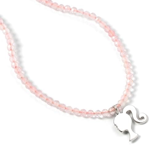 Image of Barbie Sterling Silver Silhouette Charm on a Rose Quartz Bead Necklace