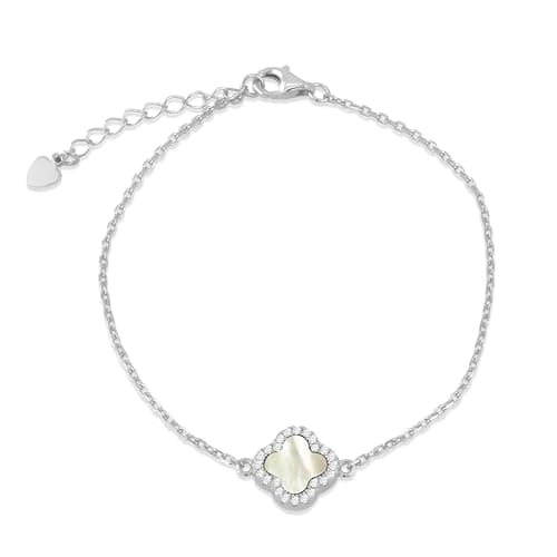 Image of Tuscany Silver Women's Sterling Silver Rhodium Plated 11mm Clover Mother of Pearl and 1.1mm White CZ Adjustable Bracelet 16cm/6.25" 19cm/7.5"