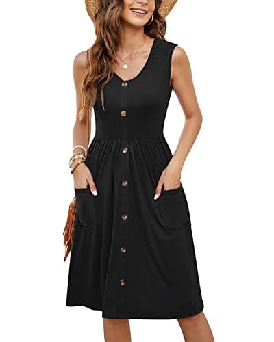 Image of MOLERANI Summer Dresses for Women UK Sleeveless Ladies Casual V Neck Beach Dress Swing Button Midi Sundress Dress with Pockets Black 16-18 L