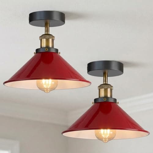 Image of Semi Flush Mount Ceiling Light Metal E27 Fitting 2 Pack 22cm Red Cone Shade Vintage Ceiling Lighting Fixture for Kitchen, Bedroom, Dining Room with Bulb