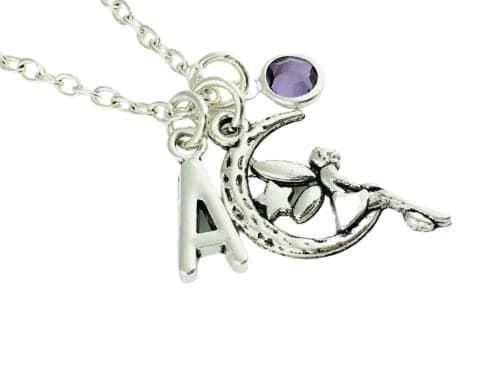 Image of Personalised Fairy and Moon Necklace, initial charm birthstone crystal, silver plated or sterling silver, custom jewellery, fantasy halloween costume girl birthday gift teen celestial wiccan sister