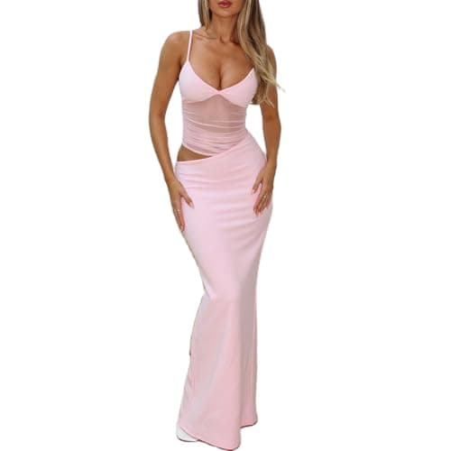 Image of YILEEGOO Women's Sexy Spaghetti Strap Long Dress Elegant Sheer Mesh Cutout Sleeveless Backless Ribbed Bodycon Maxi Dresses (Pink, S)