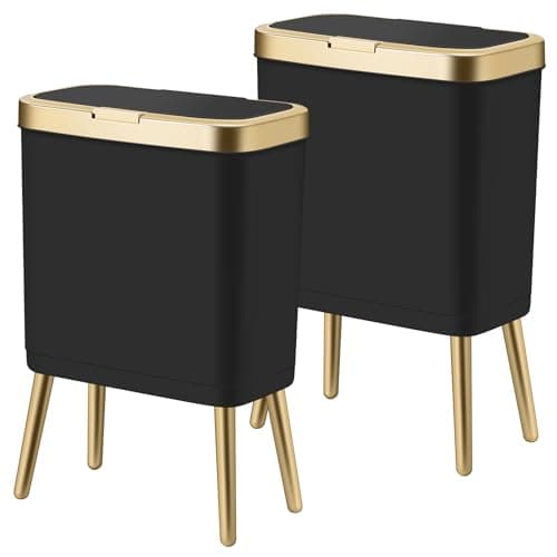 Image of Procade 2Pack Office Trash Can with Lid, 4 Gallon Gold Trash Can Bathroom,Black Garbage Can with Push Button, Narrow Garbage Bin Waste Basket for Bedroom, Kitchen,Toilet(Black x2)
