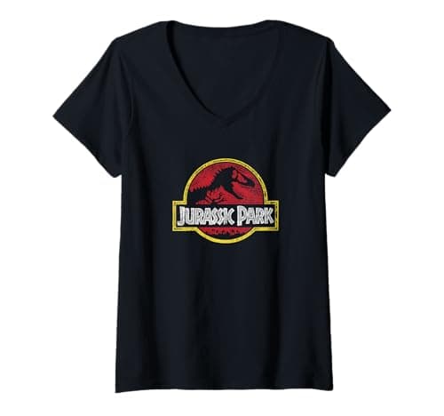 Image of Women's Jurassic Park Classic Retro Red Doodle Transparent Logo V-Neck T-Shirt