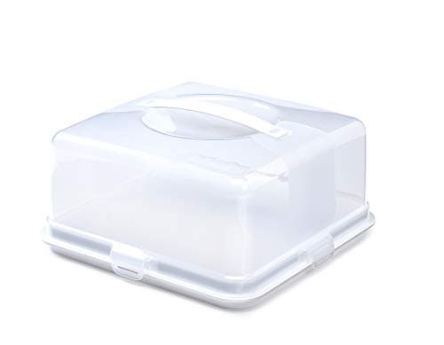 Image of ACCURATE Plastic Cake Carrier with Lid & Locking Clips – Square Cake Box with Handle, Dishwasher Safe PP Material, Durable Cake Holder for Transport & Storage, Holds Cakes up to 30cm – White