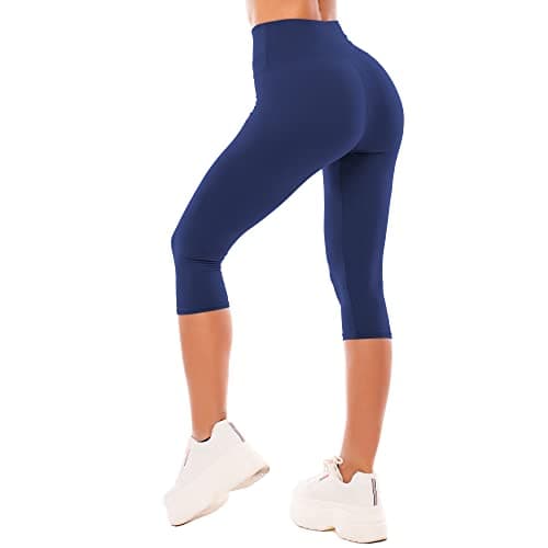 Image of SINOPHANT High Waisted Capri 3/4 Length Leggings for Women, Buttery Soft Elastic Opaque Tummy Control Leggings, Cropped Trousers for Workout Gym Yoga(Navy, L-XL)