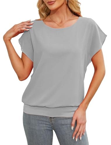 Image of Anelune Ladies Tops Short Sleeve Tops Summer Chiffon Blouse Loose Casual Batwing Sleeve Tops for Women UK Grey Large