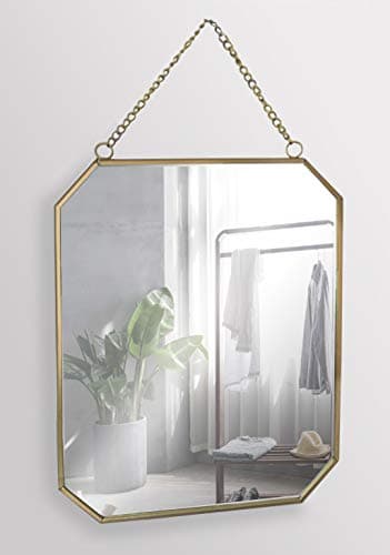Image of GreyZouq Rectangular Gold Metal Framed Mirror 25cm x 19cm in Portrait Aspect with Hanging Chain - Stylish Decor for Living Room, Kitchen, Bedroom, Bathroom, and Hallway. Vintage and contemporary