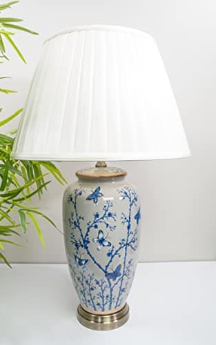 Image of DOWNTON INTERIORS Large Grey Chinese Oriental Ceramic Table Lamp Blue Butterfly Floral Pattern Overall Height 69cm G2109 (White Pleated Shade)
