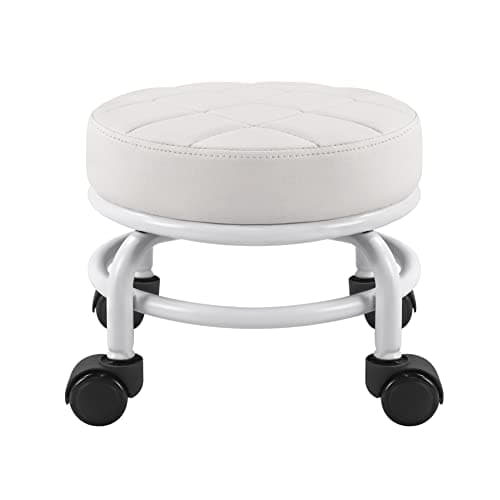 Image of FURWOO Roller Seat PU Leather Low Round Rolling Floor Stool with Universal Caster Wheels for Home Fitness Sport Pedicure Stool, H:25.5cm(White)