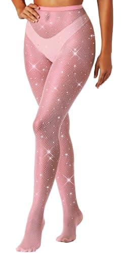 Image of MESU Women Sparkly Rhinestone Fishnets Stockings High Waist Pantyhose Tights Pink