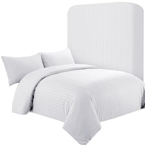 Image of AR Ware Double Satin Stripe Duvet Cover Set – 4 Pcs White Soft, Hotel-Style Bedding Set with 2 Pillowcases and 1 Fitted Sheet