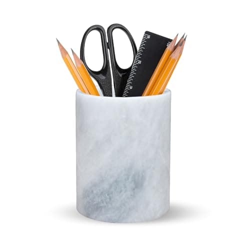 Image of SHOPUKASA Natural Marble Pen Holder for Desk Handcrafted Stone Pencil Pot & Makeup Brush Holder, Unique One-of-a-Kind Pattern, Office Desk Accessories & Vanity Organiser, Eco-Friendly Gift, 7×10 cm