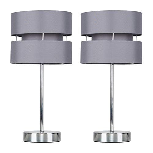 Image of MiniSun | Modern Silver Chrome Table Lamps with a Grey Shade | Table Lamps, Home Décor & Improvement Essential | Set of 2 | Includes 4W LED Bulbs [3000K Warm White]