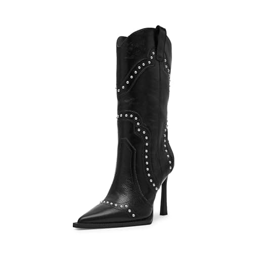 Image of Steve Madden Women's Kylar Western Boot, Black Leather, 4 UK