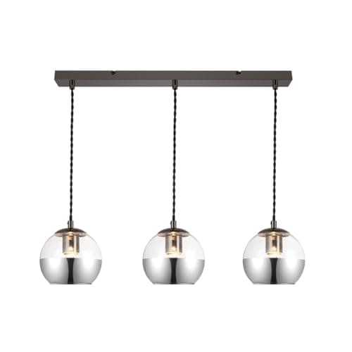 Image of Cosylyte Marlo 3 Light Modern Smoky Glass Bar Pendant Light - Matt Black Base, Black Twisted Power Cord, 67x15x100cm, 3xE27. Max. 15W LED (Bulb not Included)