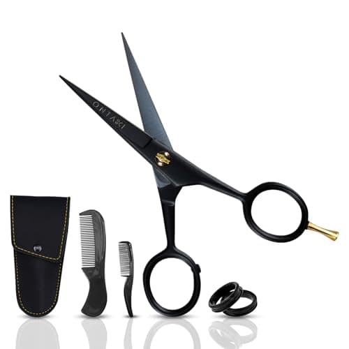 Image of Ontaki Beard & Facial Hair Scissors - 5in Black with Finger Rest - Precise Long Beard Scissors - Includes Eyebrow Comb for Styling - Grooming Comb & PU Leather Travel Case