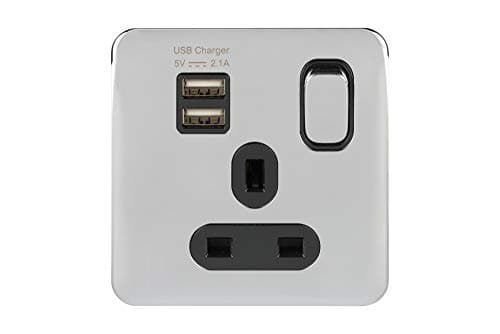 Image of Schneider Electric Lisse Screwless Deco - Switched Single Power Socket with USB Charging Ports, Single Pole, 13A, GGBL30102USBABPCS, Polished Chrome with Black Insert