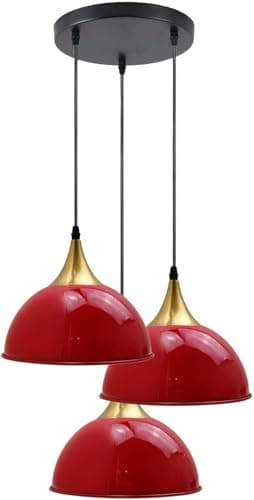 Image of LEDSone Industrial 3 Head Ceiling Pendant Light Red 21 Cm Dome Lampshade with Adjustable Cable and E27 Socket for Dining Room, Kitchen Island, Bedroom, Hallway