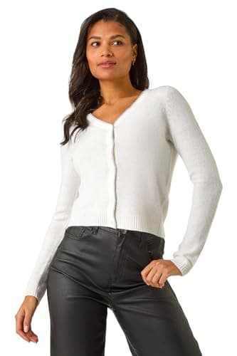 Image of Roman Originals Shimmer V-Neck Ribbed Cardigan for Women UK - Ladies Everyday Autumn Winter V-Neckline Comfy Soft Evening Vacation Work Party Night Out - White - Size M