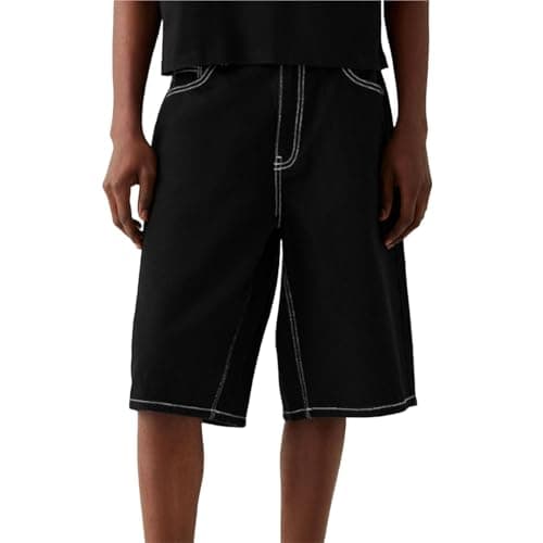 Image of KIHFSODN Jean Shorts Men Baggy Jorts Casual Denim Shorts Y2k Loose Long Jorts Vintage Fashion(Black,L)