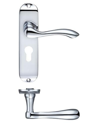 Image of Kooples Hardware Project Arundel Lever on Euro Backplate – 175mm x 42mm – Satin Stainless Steel Door Handle for Euro Cylinder Locks – Contemporary Commercial Style – Fixings Included (Polished Chrome)