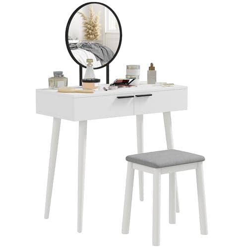 Image of HOMCOM Modern Dressing Table with Round Mirror and Stool, Makeup Vanity Table with 2 Drawers for Bedroom, Living Room, 80 x 40 x 123 cm, White