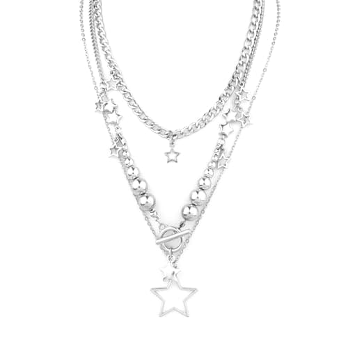 Image of Mikovivi Star Chunky Silver Stackable Necklace, Y2K Layered Pendant Grunge Necklace for Punk Fashion Accessories