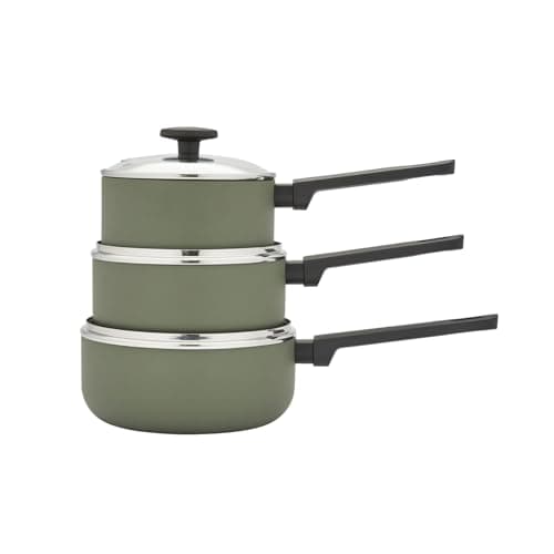 Image of Morphy Richards 3pc Saucepan Set, Recycled Aluminium, 16cm, 18cm & 20cm Saucepans, Non Stick Coating, Soft Touch Handles, Suitable for All Hobs, Green, 859000
