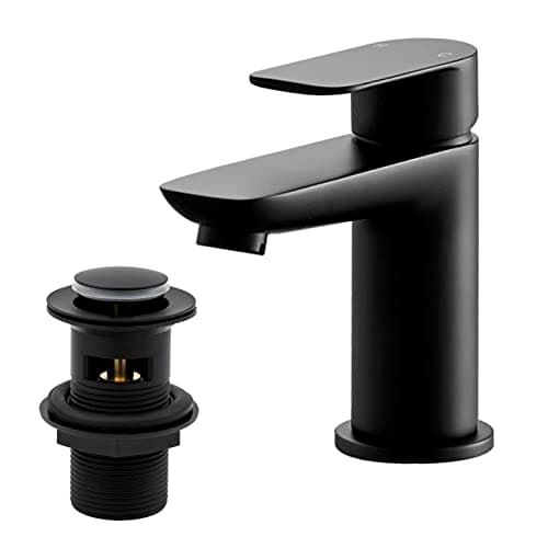 Image of Black Basin Taps with Pop Up Waste, BATHWEST Modern Monobloc Chrome Brass Matte Black Bathroom Sink Taps for Basin with Drainer 922MB