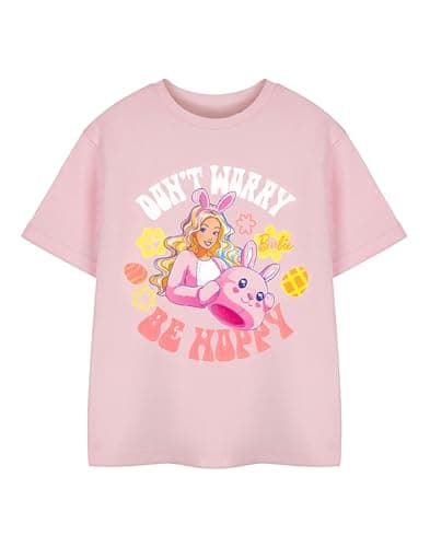 Image of Barbie Girls Pink Short-Sleeved T-Shirt | Don't Worry Be Hoppy Graphic Tee | Casual Cartoon Top for Kids | Easter-Themed Apparel | Fun Everyday Wear - 7-8 Years