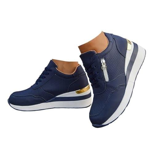 Image of Xbemkste Women's Wedge Heel Platform Casual Shoes with Zip Breathable Lace-Up Running Shoes Trainers Women's Platform Shoes Comfortable Sports Shoes, blue, 5.5 UK
