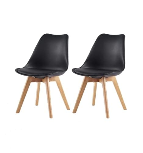 Image of mcc direct Set of 2 Dining Chairs Wooden Legs Soft Cushion Pad Stylish DELUXE Retro Lounge Dining Office (Black) - EVA