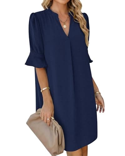 Image of AUSELILY Dress for Women UK V Neck Summer Dresses Short Sleeve Elegant Ladies Dresses Casual Loose Shirt Dress with Pockets Navy Blue L