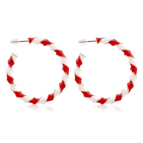 Image of Christmas Candy Cane Earrings, Candy Cane Hoop Earrings Red and White Christmas Earrings Holiday Xmas Hoop Earrings Enamel Hoop Earrings for Women Girls
