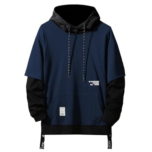 Image of GURUNVANI Contrast Color Pullover Hoodie Mens Patchwork Hoodies Men, Navy Blue, XL