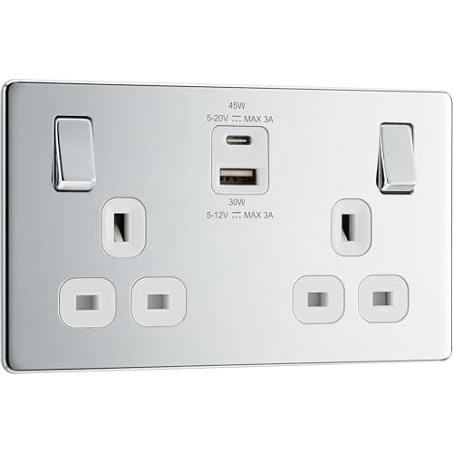 Image of BG Electrical 45W Double Switched Power Wall Plug Socket with Super Fast Charge Type A and C USB Ports, Screwless, Flatplate, Polished Chrome, White Inserts, 13A, FPC22UAC45W