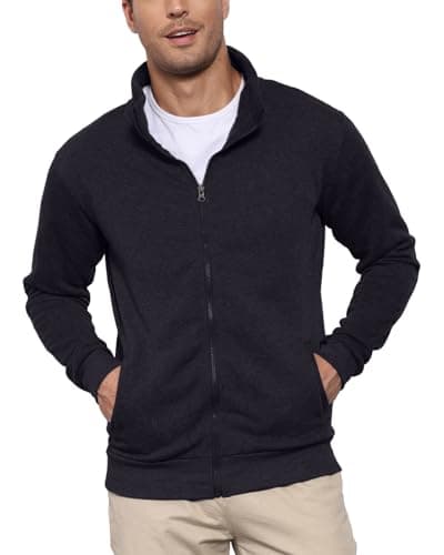 Image of Hoefirm Men's Cardigan Full Zip Up Jumpers Jacket Sweatshirt Polo Long Sleeve Top Stand Collar Casual Lightweight with Pockets Black L