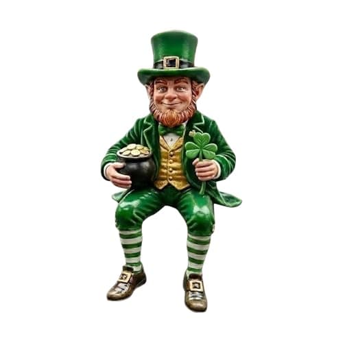 Image of St. Patrick's Day Resin Figurine | Fun Leprechaun Statue with Gold Coin Jar and Clover, Green Irish Decor for Home, Car, Office, Party Tabletop Decoration