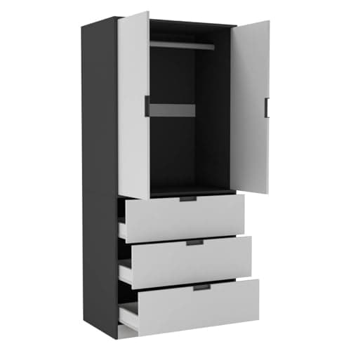 Image of URBNLIVING Modern 2 Door Wardrobe with 3 Drawers & Hanging Rail, Stylish Freestanding Storage, Spacious Interior, Durable Chipboard Build, Easy to Assemble Bedroom Furniture