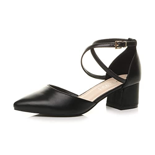 Image of AJVANI Womens Ladies mid Block Heel Cross Strap Evening Mary Jane Court Shoes Size 4 37 Black Matte