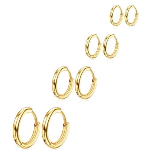 Image of Stainless Steel Hoop Earrings Set, 4 Pairs Gold Hoop Earrings - Huggie for Women Men 6/8/10/12mm