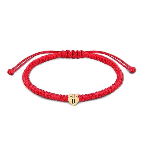 Image of Initial Bracelet Gold Heart Love Charm Initial Bracelet Red Initial B Letter Bracelets Handmade Adjustable Rope Bracelets for Girls Boy Mom Birthday Gifts (B)
