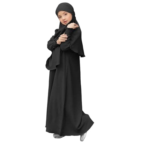Image of Muslim Dress for Girls Islamic Prayer Abaya Long Sleeve Cardigan Kaftan Robe Maxi Dresses with Hijab Ramadan Kids Outfits Dubai Kaftan Dresses for Toddler Girls (Dark Gray, 11-12 Years)