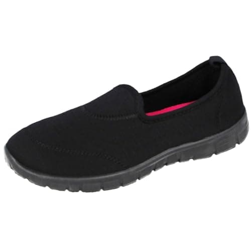 Image of Ladies Canvas Mesh Memory Foam Slip On Flat Ultra Lightweight Flexi Plimsoll Pumps Sports Comfort Trainers Go Shoes Size 3-8 (All Black/Fuchsia, 6)