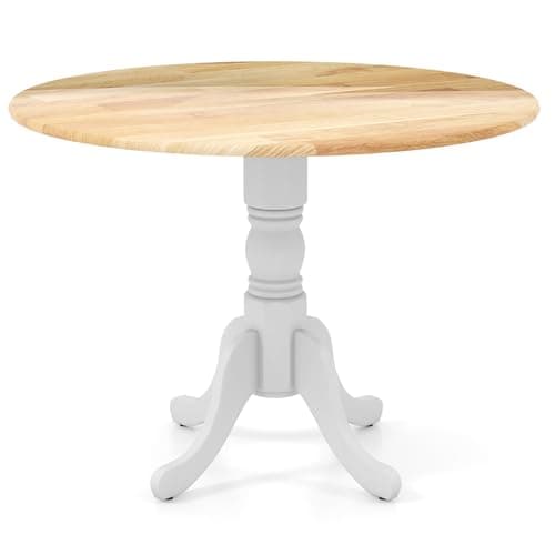 Image of COSTWAY 100cm Round Dining Table, Rubber Wood Kitchen Table with Wooden Effect Top and Curved Trestle Legs, 4 Seaters Rustic Dinner Table for Home Dining Room Living Room (Natural+White)