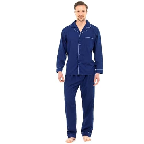 Image of Mens Traditional Pyjamas 2 Piece Set Classic Style Plain Poly Cotton Pjs Nightwear Lounge Wear Sleepwear Suits Button Up Long Sleeve Shirt Tops Pants Trousers Bottoms(Navy, XL)