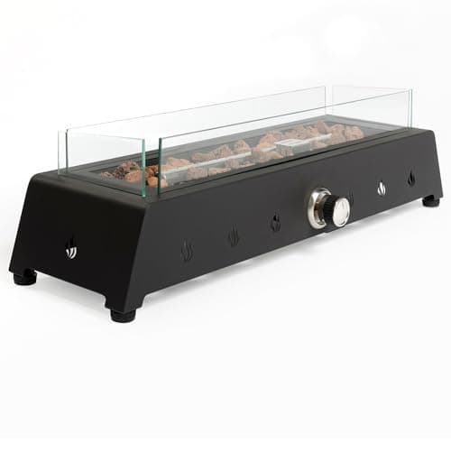 Image of REALGLOW Rectangular Tabletop Gas Fire Pit 10kW – Outdoor Propane Patio Heater with Glass Wind Guard, Lava Rocks & Hose – Flexible Dual Gas Outlet Design