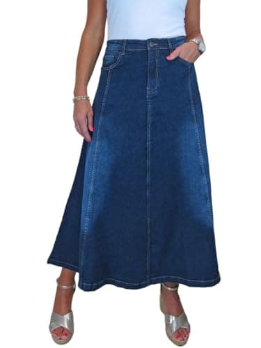 Image of Paulo Due Women's Flared Stretch Denim Maxi Skirt Ladies Long Flare Jeans Skirt Dark Fade Blue 12-22 (22)