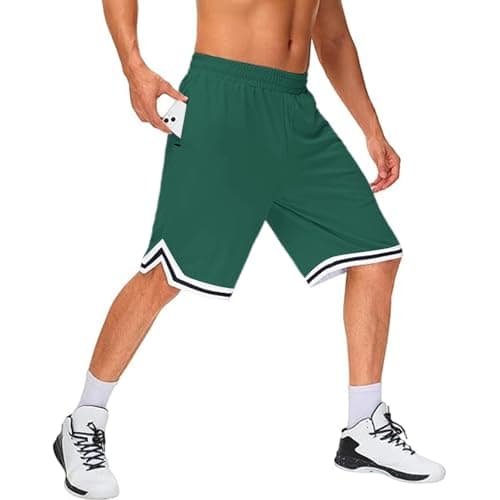 Image of Basketball Shorts for Men with Zipped Pockets, Gym Short for Baseball Sports Training, Fast Drying, Athletic Shorts,11 Inch, Breathable Lightweight Mesh Style XL Dark Green